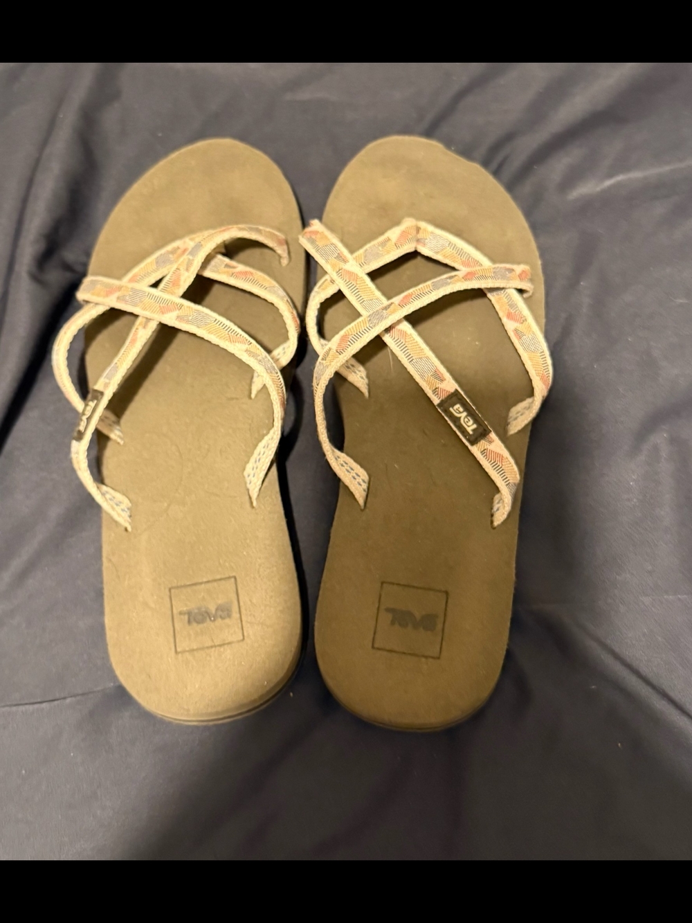 Teva Olive Footbed Sandals with Beige Patterned Straps